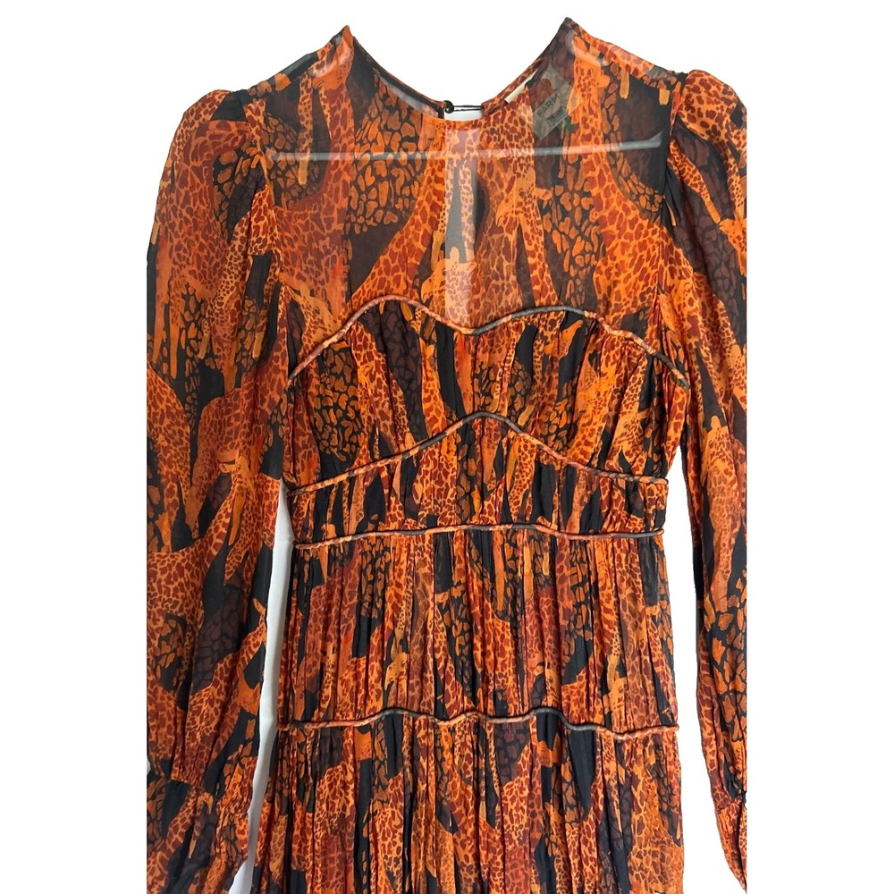 Farm Rio Giraffes Puff Sleeve Tiered Chiffon Maxi Dress XS Burnt Orange RP$315 - Picture 6 of 16